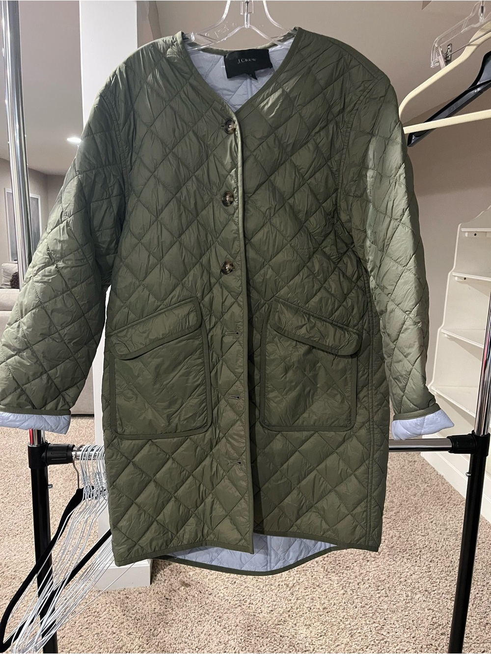 J. Crew Quilted Olive Green Longline Puffer Coat reversible